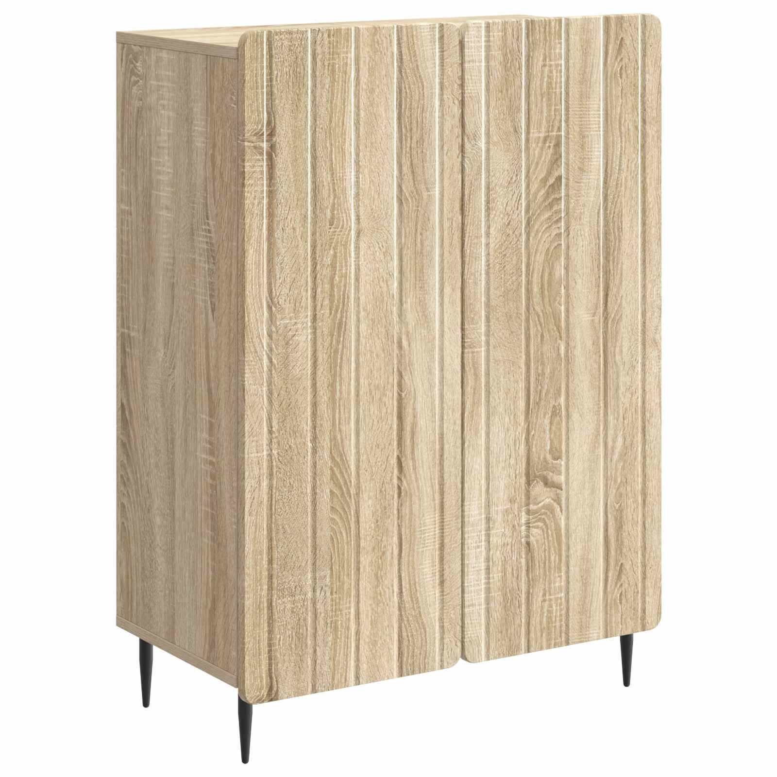 Hohes Schrank aus hellem Holz mit vertikal lamellierter Frontblende und schwarzen konischen Beinen, auf weißem Hintergrund gezeigt.