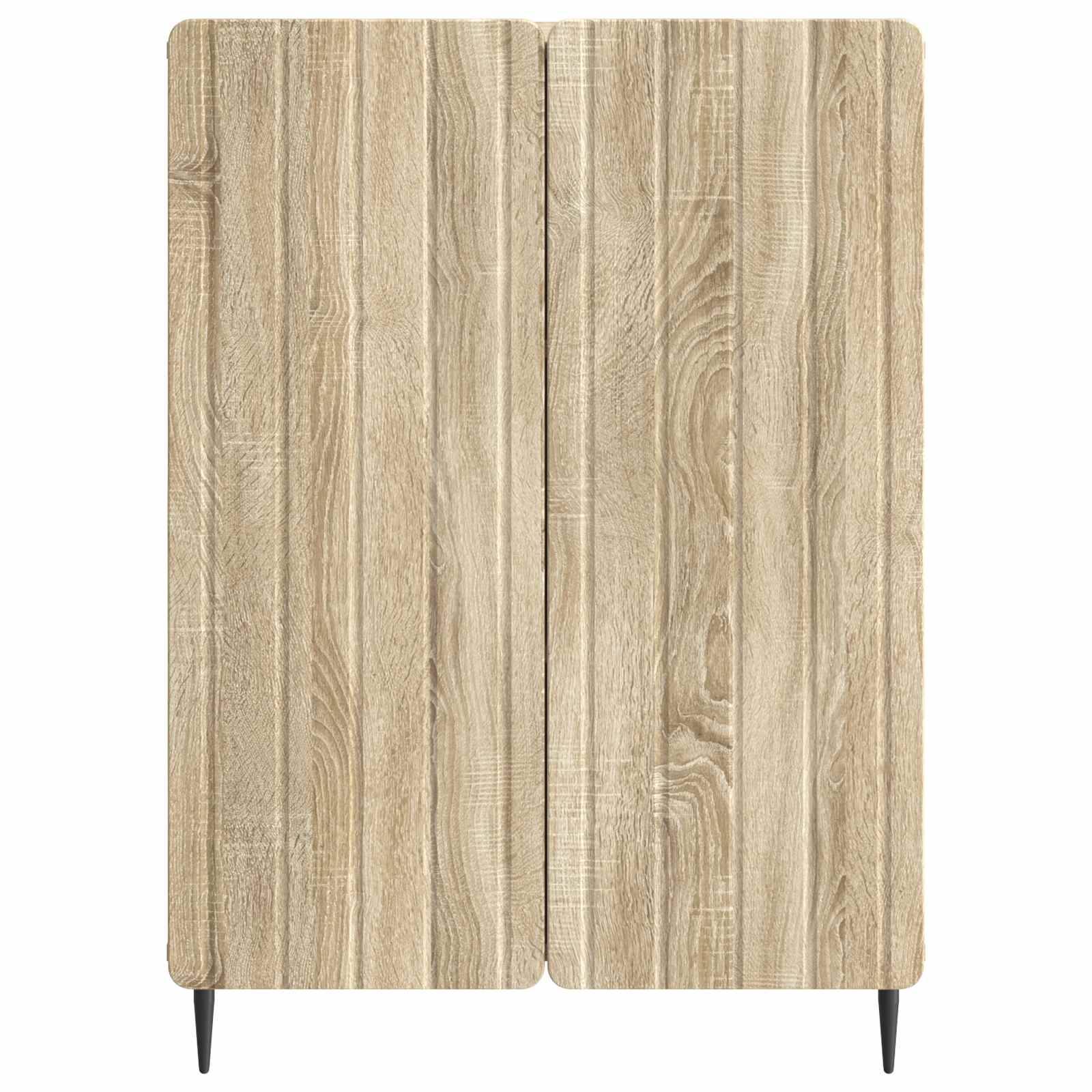 Helles Holzschrank mit zwei hohen Türen und schlanken schwarzen Beinen, Vorderansicht auf weißem Hintergrund.