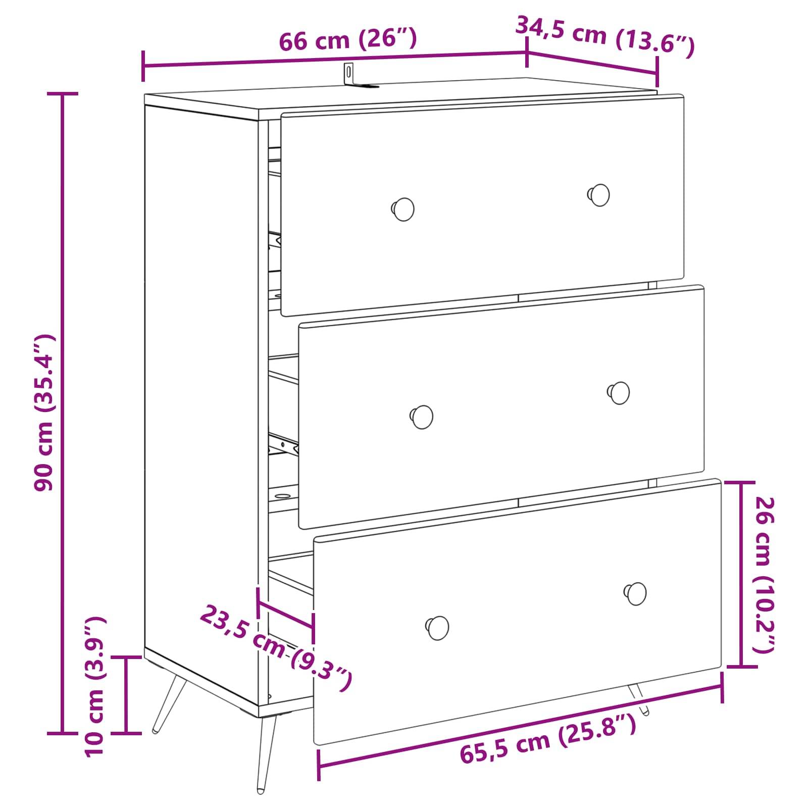 vidaXL Schubladenschrank Schwarz 66 x 34,5 x 90 cm Holzwerkstoff