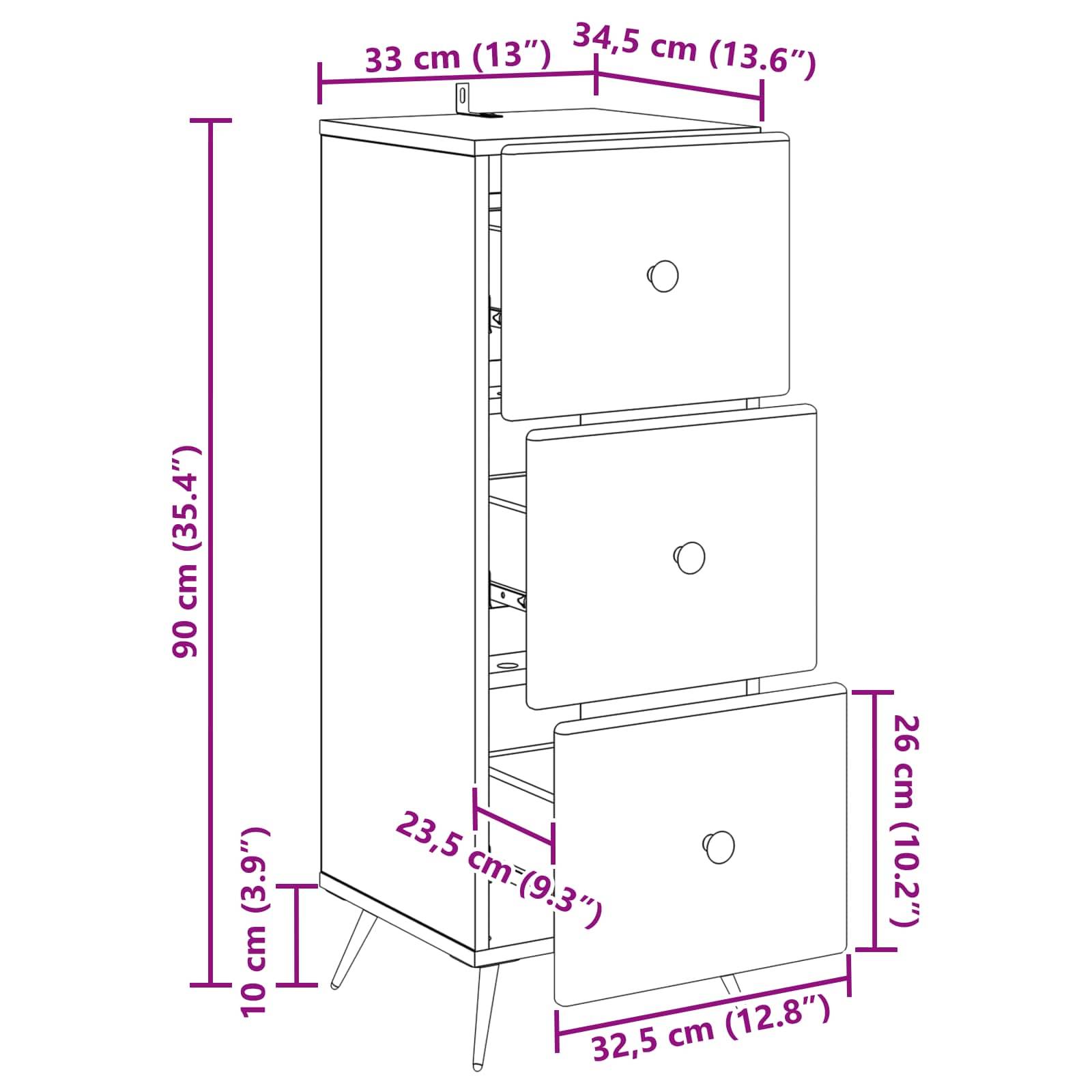 vidaXL Schubladenschrank Weiß 33 x 34,5 x 90 cm Holzwerkstoff
