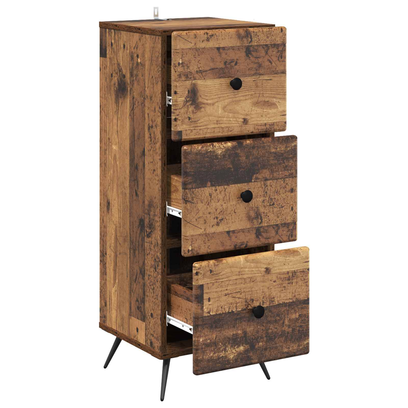 Rustikale Kommode aus Holz mit drei Schubladen, jede mit einem schwarzen Knopf und konischen Beinen.