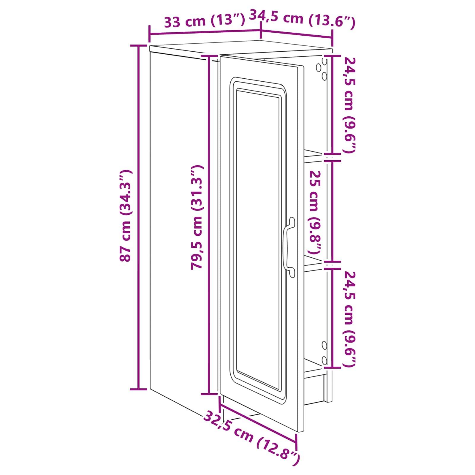 Diagramm einer Wandschranktür mit Gesamtabmessungen: 87 cm Höhe, 34,5 cm Breite und 32,5 cm Tiefe, mit gekennzeichneten Innen- und Scharnierabstandsmessungen.