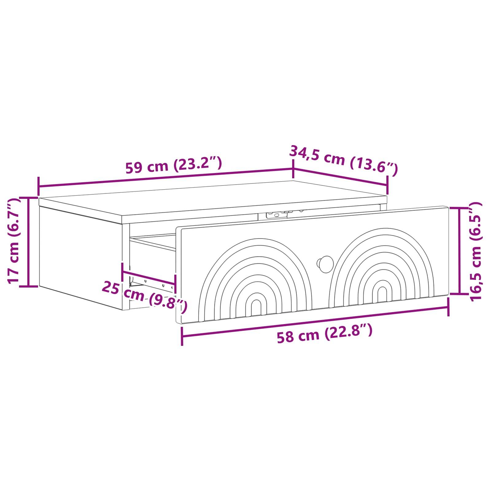 vidaXL Wandmontierter Beistelltisch Schwarz 59 x 34,5 x 17 cm