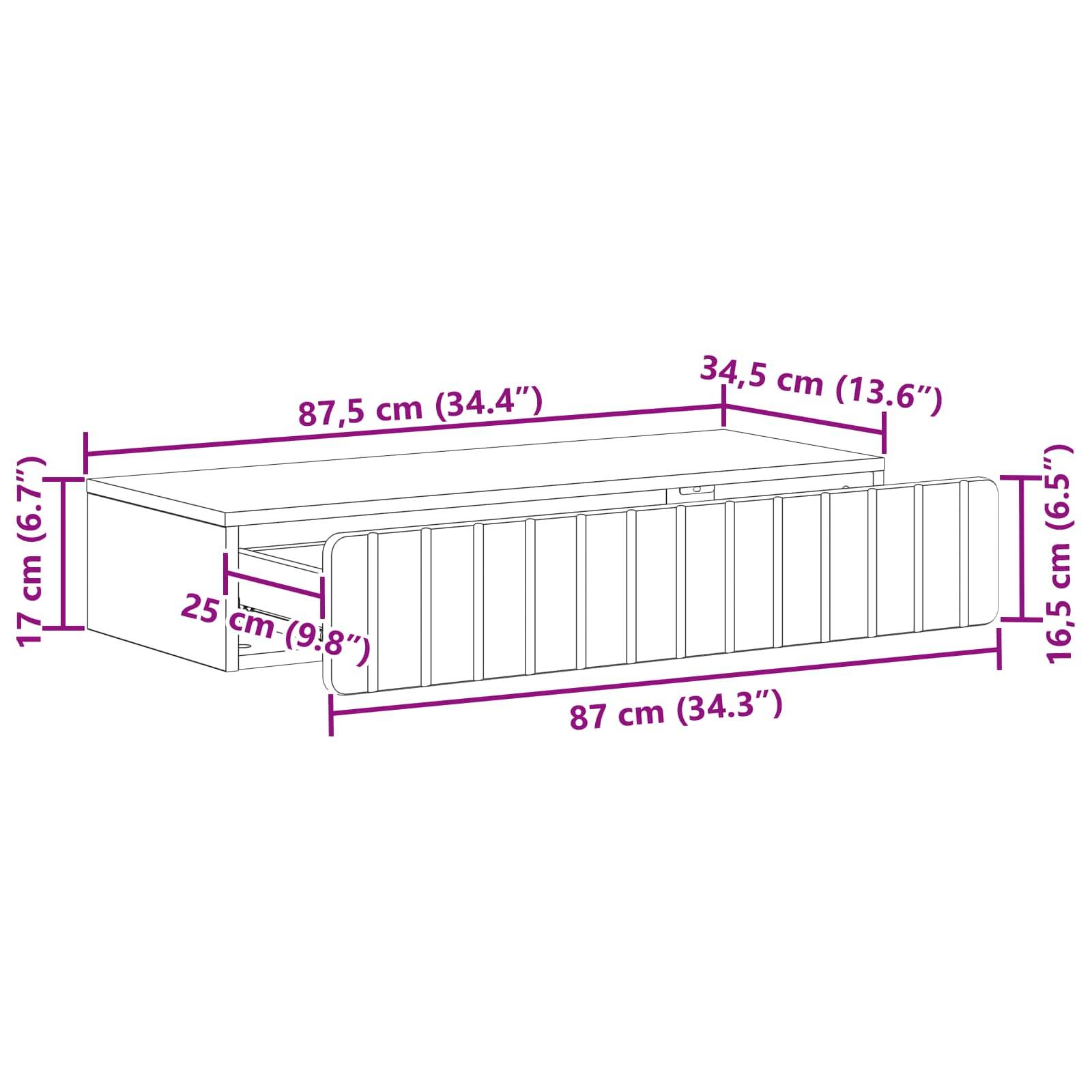 vidaXL Wandmontierter Beistelltisch Weiß 87,5 x 34,5 x 17 cm
