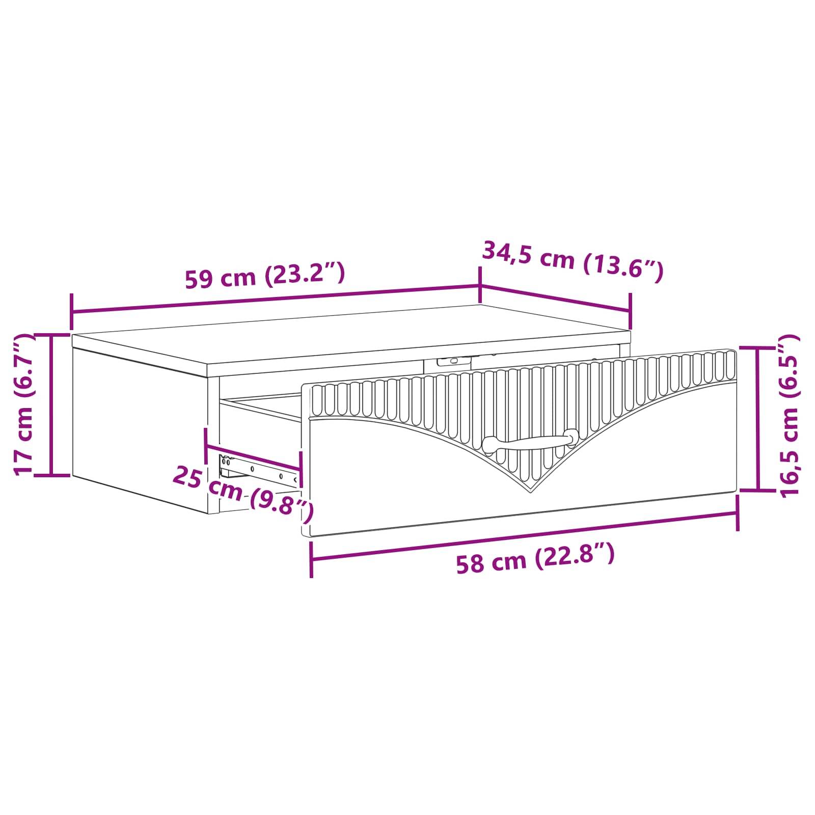 vidaXL Wandmontierter Beistelltisch Schwarz 59 x 34,5 x 17 cm