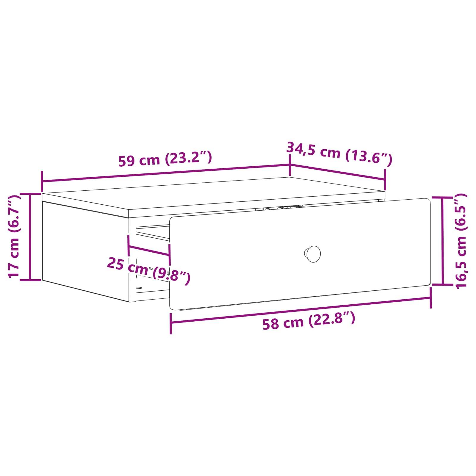 vidaXL Wandmontierter Beistelltisch Weiß 59 x 34,5 x 17 cm