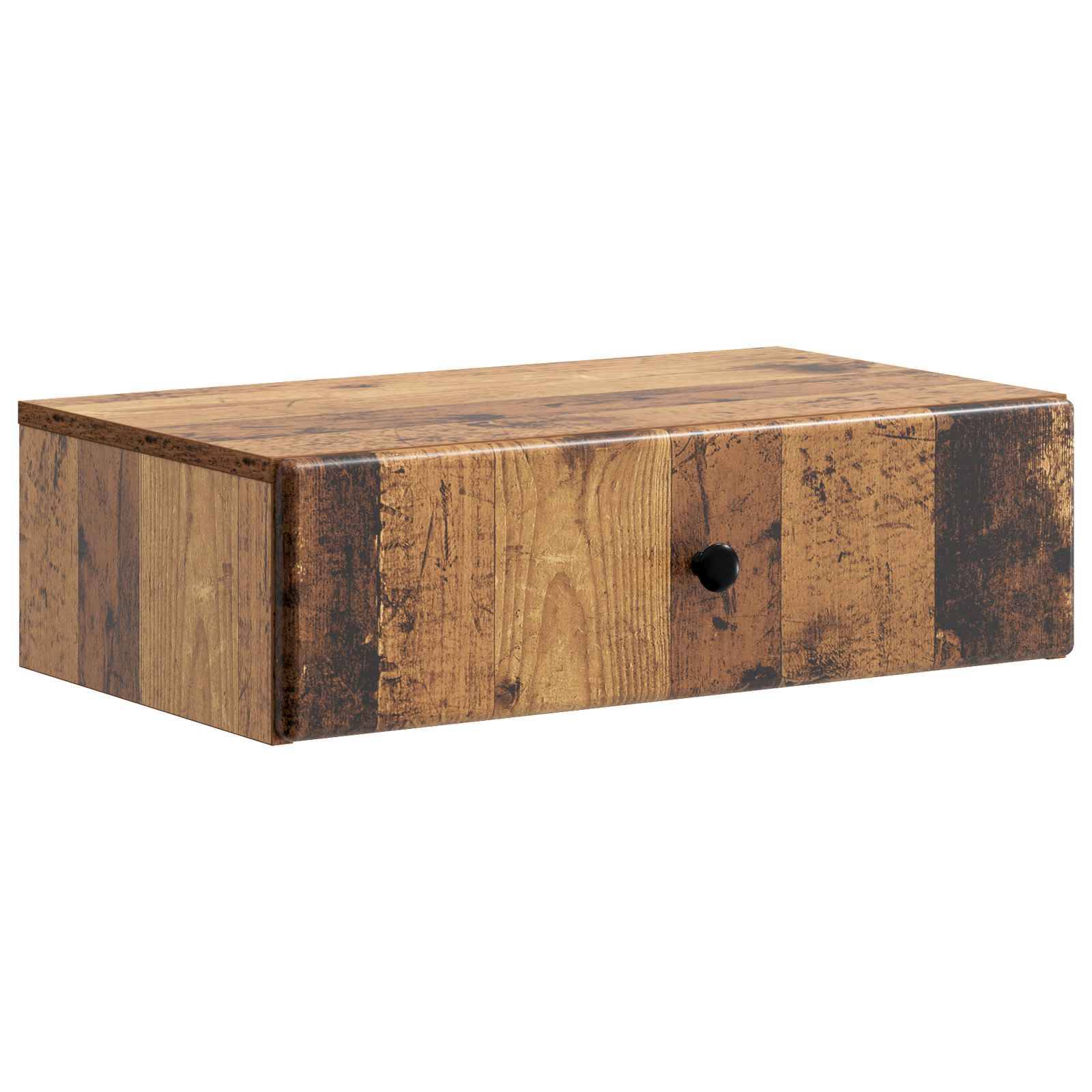 Rechteckige rustikale Holzaufbewahrungsbox mit einem einzelnen runden Knopf an der Vorderseite, gezeigt vor weißem Hintergrund.