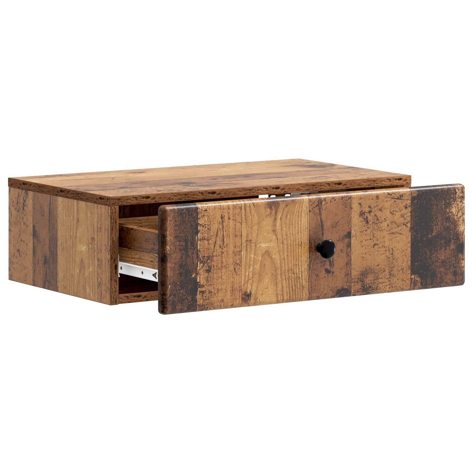 Holzbox mit einer Schublade, rustikales Finish und schwarzem Knauf auf weißem Hintergrund, Schublade teilweise geöffnet.