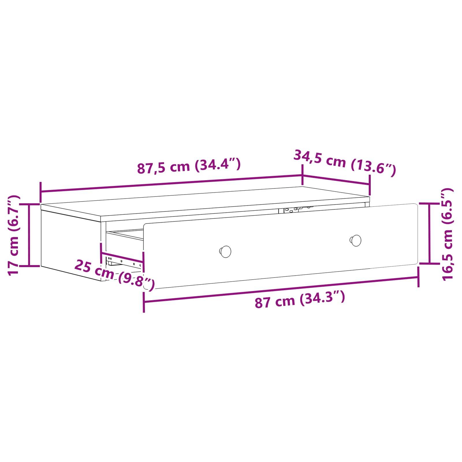 vidaXL Wandmontierter Beistelltisch Weiß 87,5 x 34,5 x 17 cm