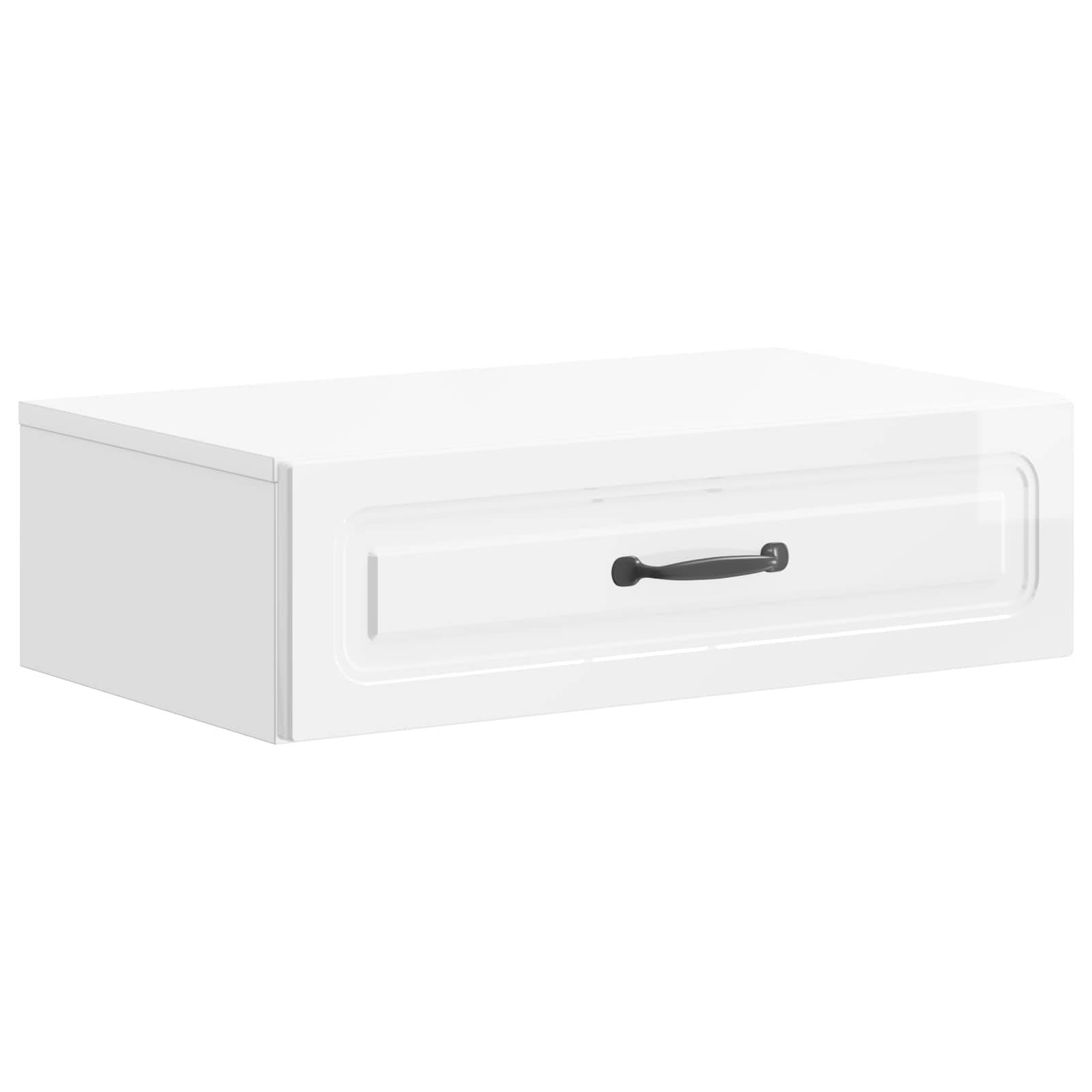 Weiße rechteckige Aufbewahrungsbox mit einem vorderen Griffband und einem klappbaren Seitenpaneel, gezeigt vor einem einfachen Hintergrund.