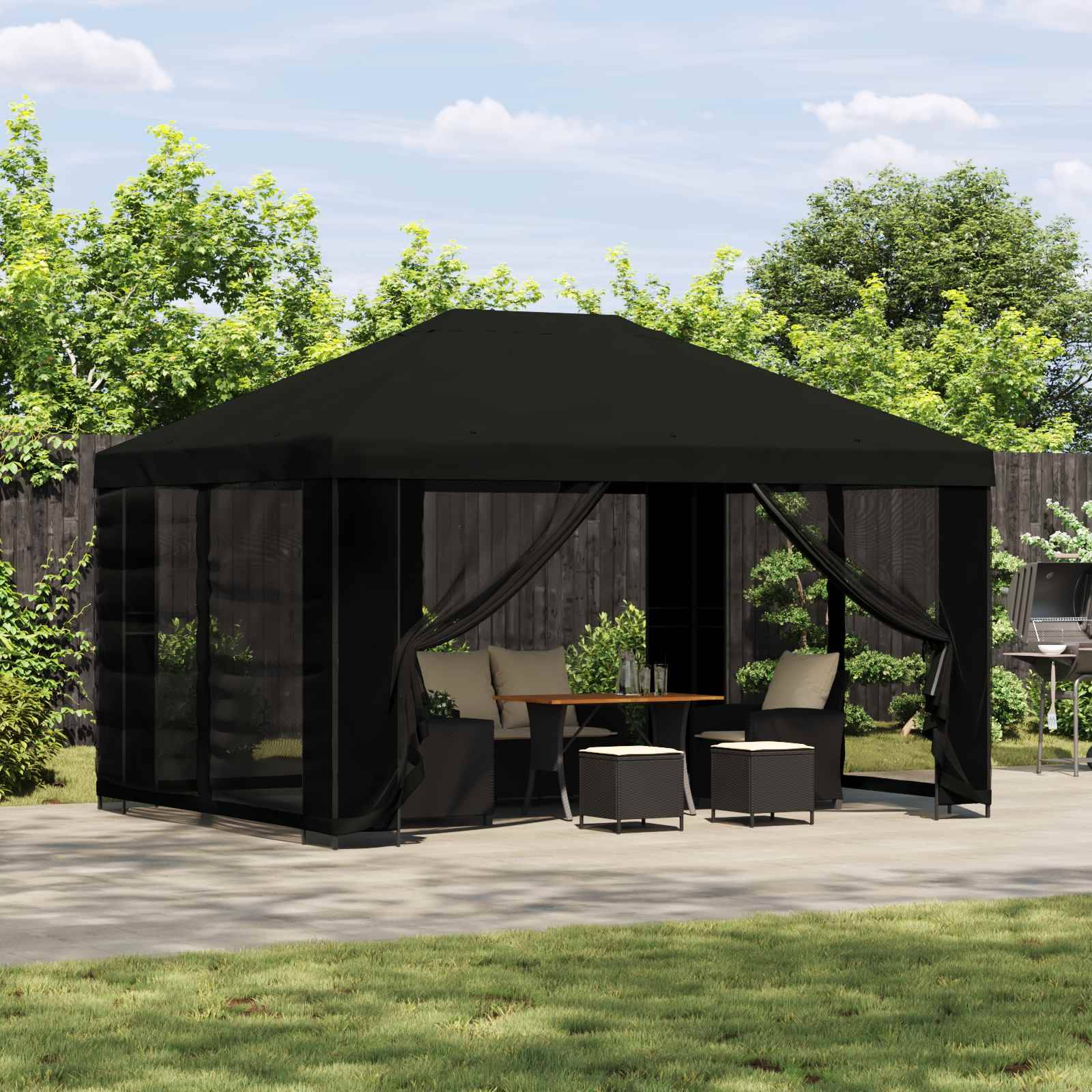 vidaXL Pavillon mit Seitenwänden 4 x 3 m Schwarz Polyester und Stahl