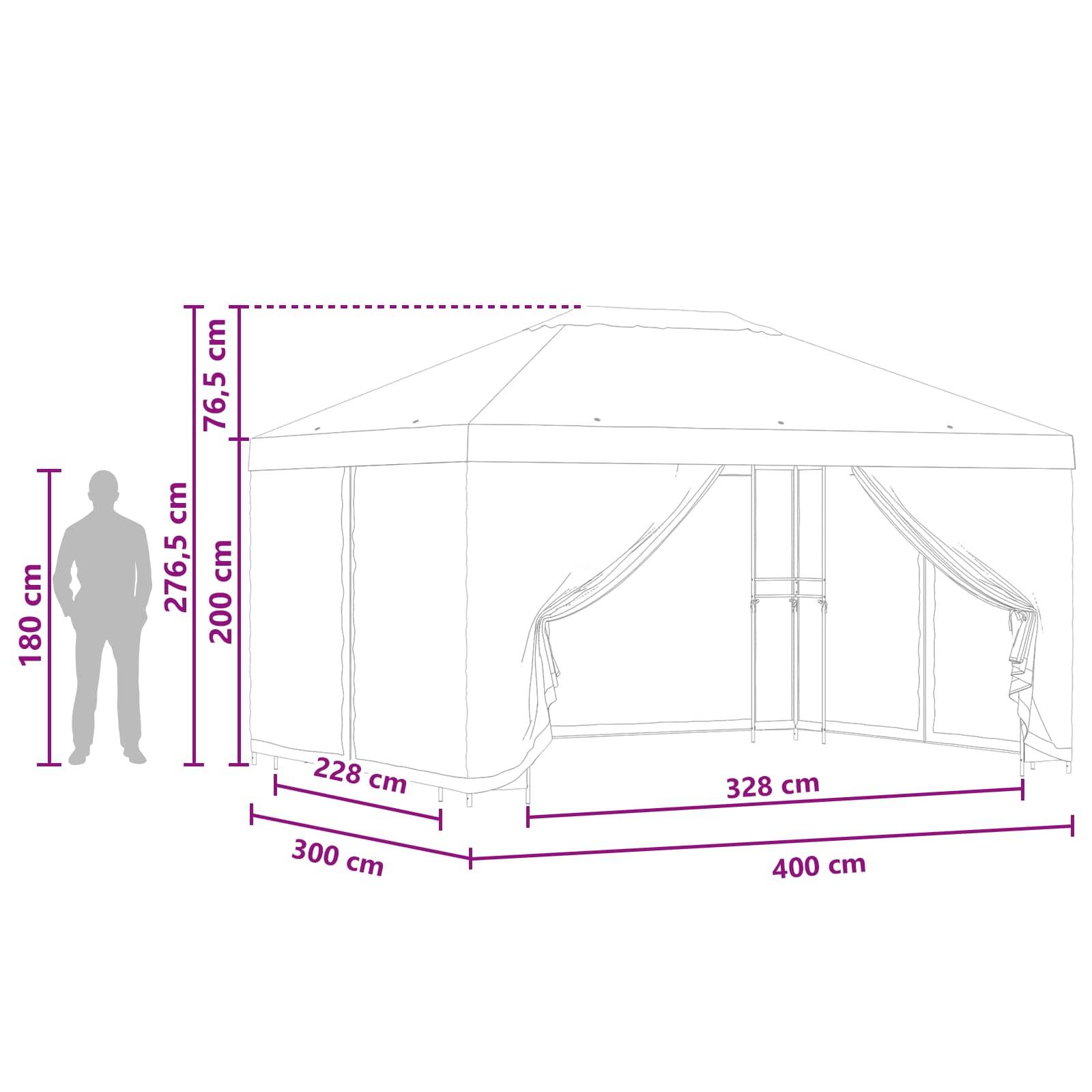 vidaXL Pavillon mit Seitenwänden 4 x 3 m Schwarz Polyester und Stahl