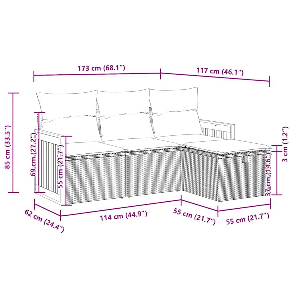 vidaXL 4-tlg. Garten-Sofagarnitur mit Kissen Schwarz Poly Rattan