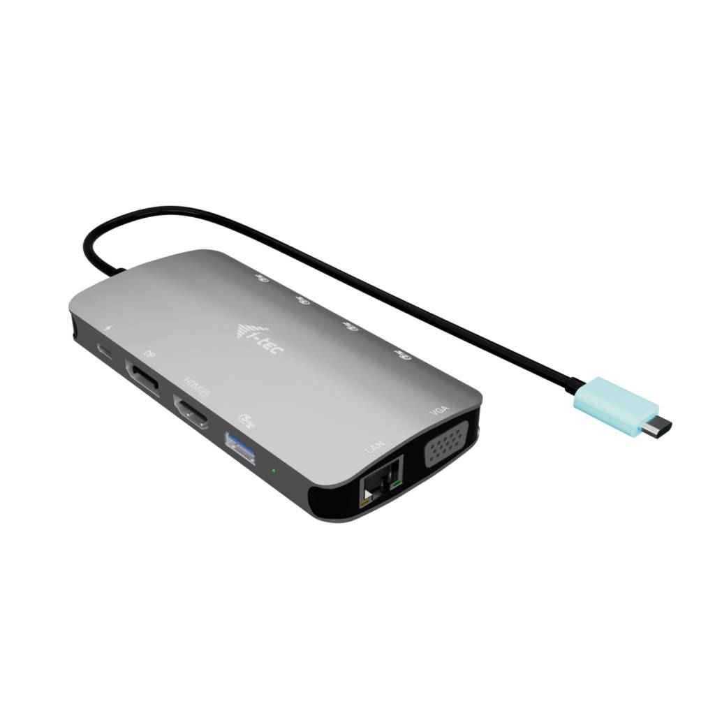 Kompakter USB-C-Hub mit mehreren Anschlüssen, einschließlich USB-A, Ethernet, HDMI und VGA, verbunden durch ein kurzes Kabel.