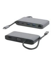 Zwei kompakte USB-C-Hub-Adapter, in verschiedenen Winkeln dargestellt, jeweils mit angschlossenen Kabeln und mehreren Anschlüssen, einschließlich USB-A, USB-C und HDMI-ähnlicher Verbindungen.