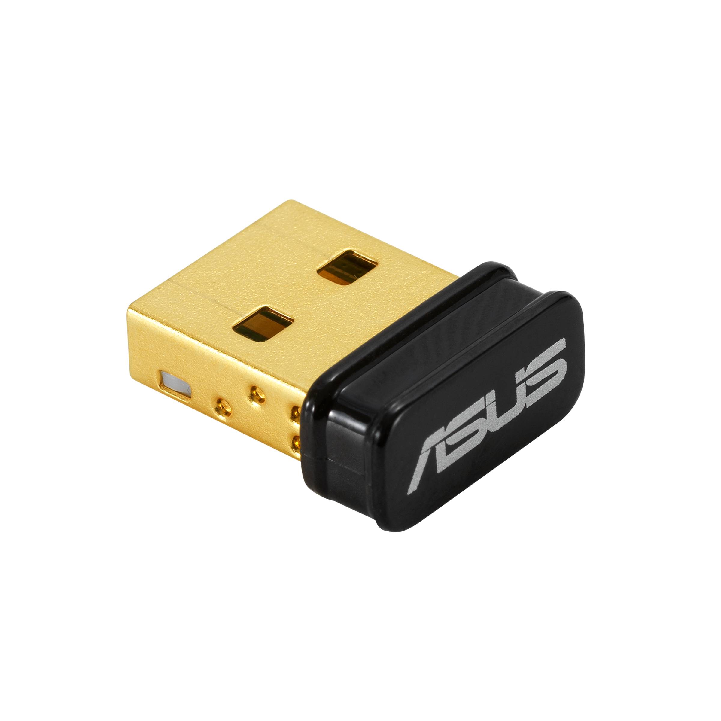 Schwarzer und goldener ASUS USB-Wireless-Adapter-Dongle auf weißem Hintergrund.