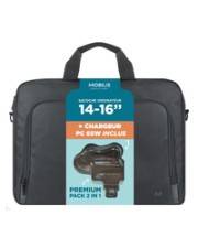 Schwarze Laptop-Tasche mit Griffen, gekennzeichnet für 14-16 Zoll Laptops und mit einem 65W-Ladegerät, gezeigt mit angebrachtem Verpackungsetikett.