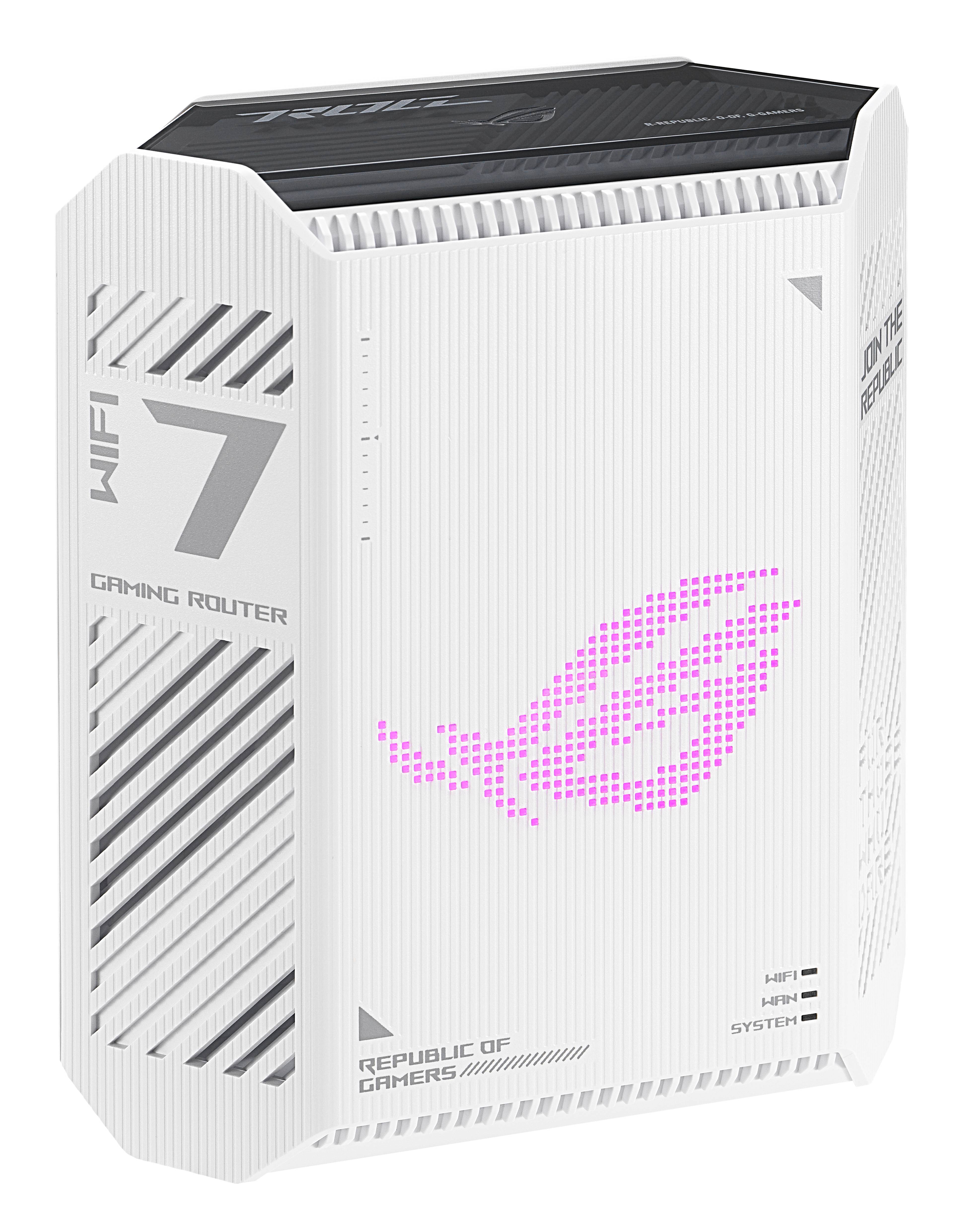 Weißer ROG WiFi 7 Gaming-Router mit rosa Republic of Gamers Logo und Vordertafel-Text „WiFi 7