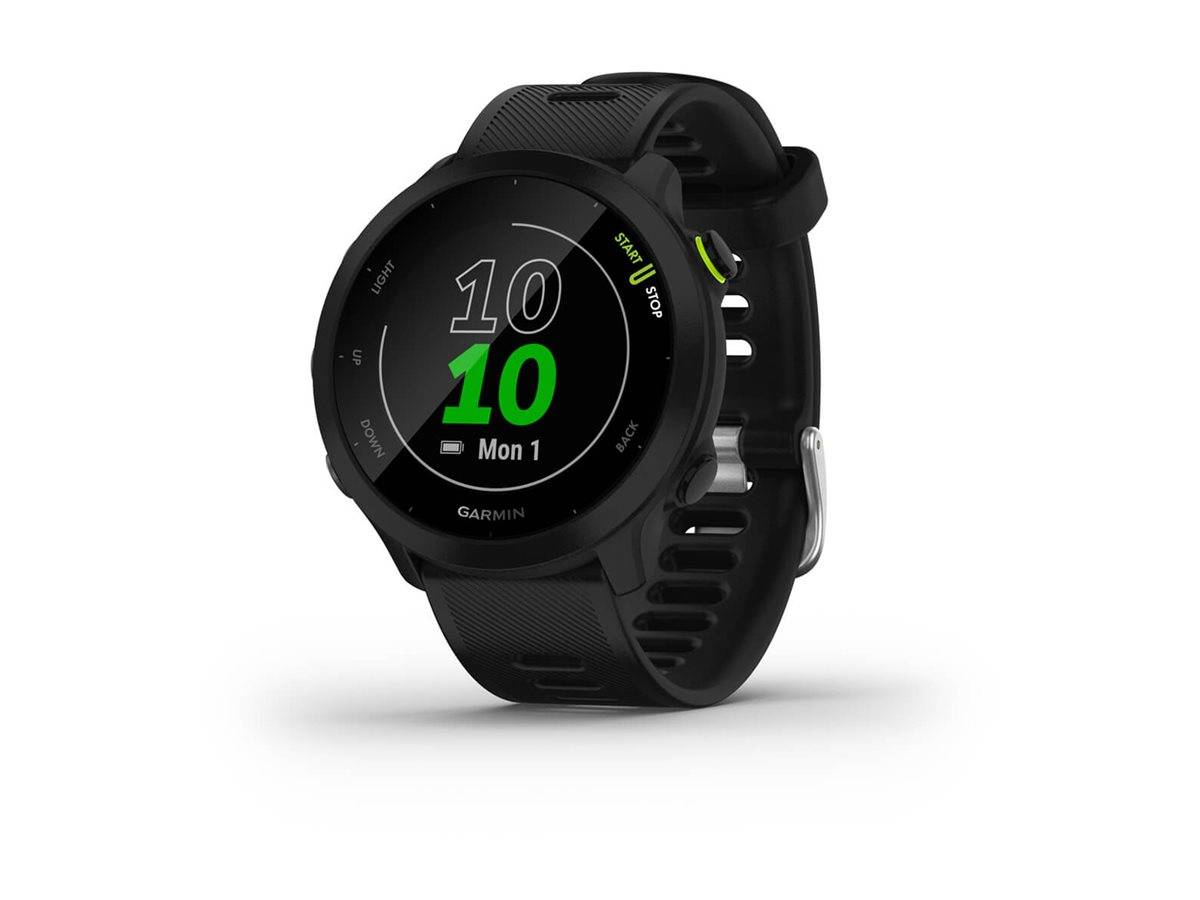 Schwarze Garmin-Smartwatch mit rundem Display, das 10:10 und Mo 1 anzeigt, auf schwarzem Armband, freigestellt auf weißem Hintergrund.