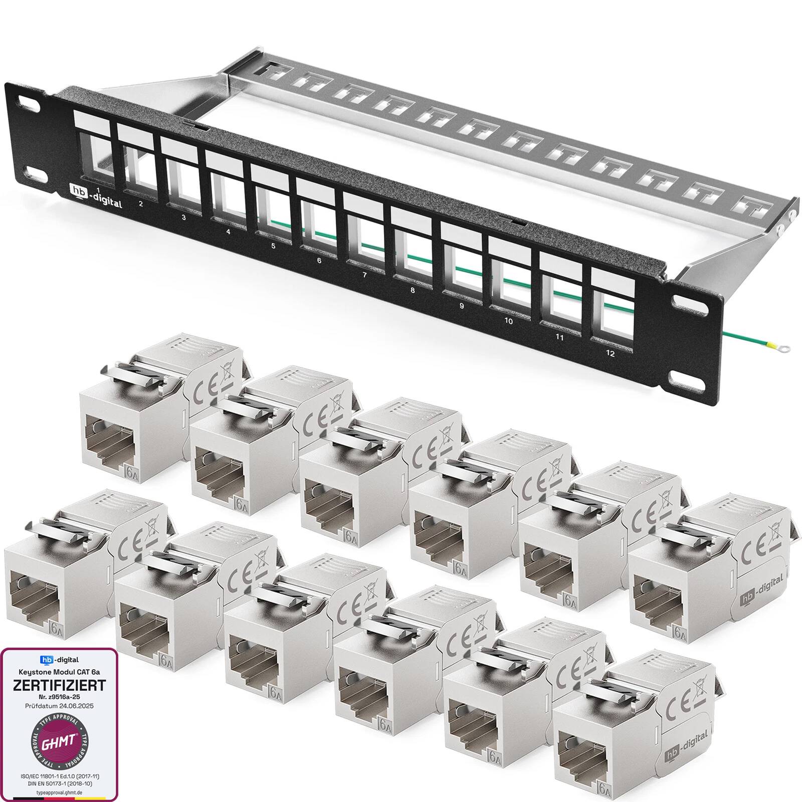 hb-digital Patchpanel 10 Zoll 12 Port CAT 6a mit RJ45 Keystone Modulen 1HE Schwarz