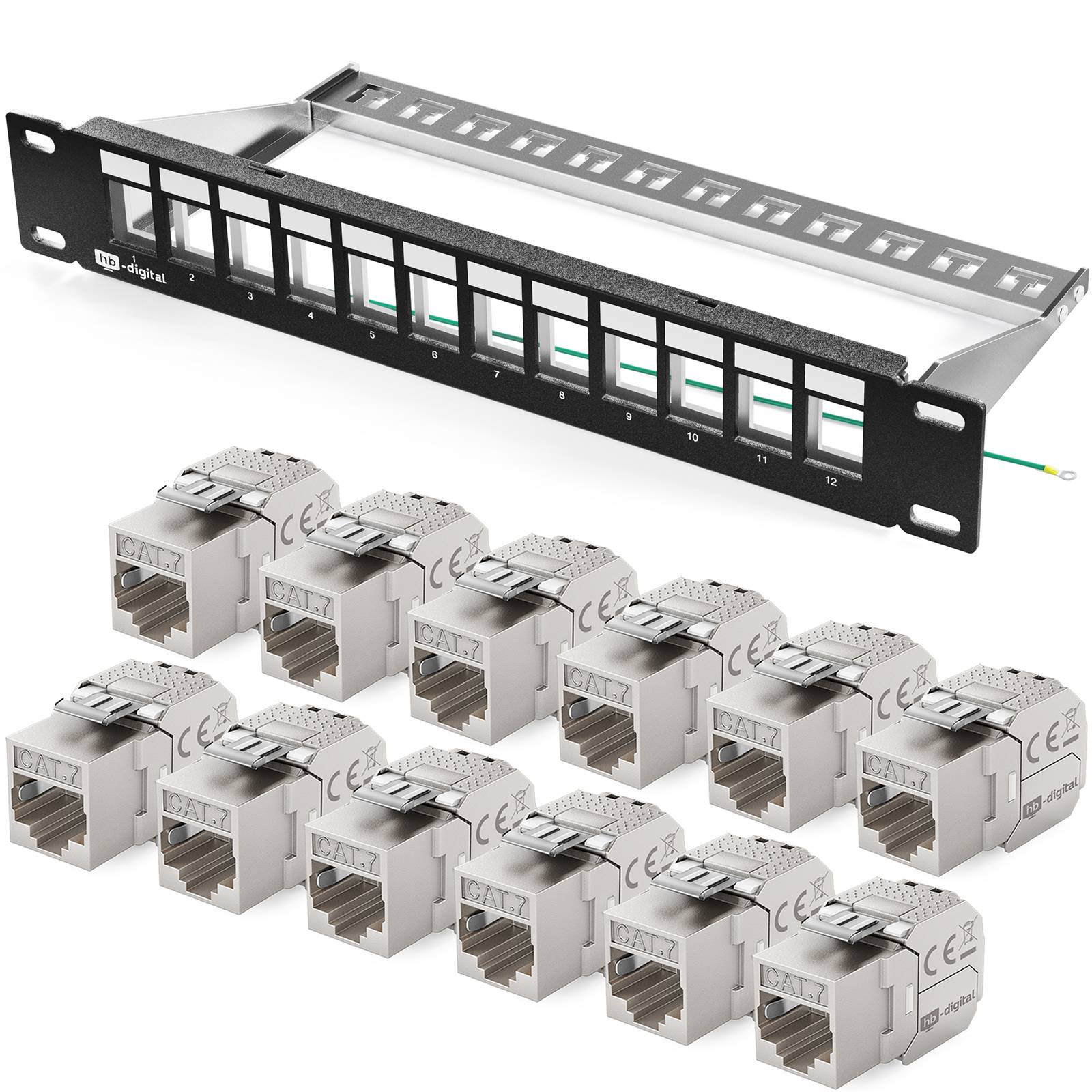 hb-digital Patchpanel 10 Zoll 12 Port CAT 7 mit RJ45 Keystone Modulen 1HE Schwarz