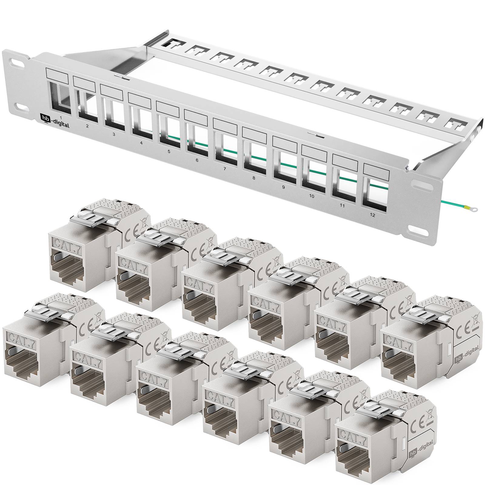 hb-digital Patchpanel 10 Zoll 12 Port CAT 7 mit RJ45 Keystone Modulen 1HE Grau