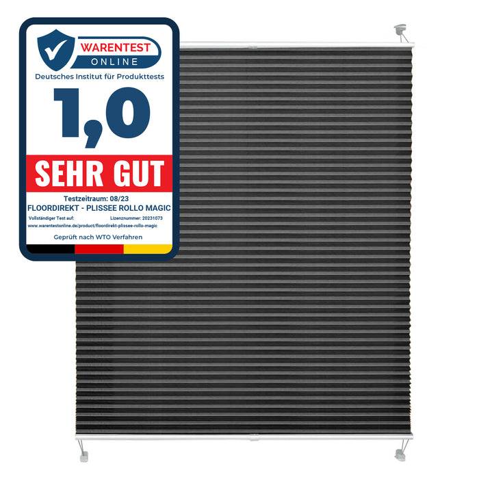 FLOORDIREKT Faltrollo Magic Mini - Lichtdurchlässig & Blickdicht - Befestigung ohne Schrauben möglich - Schwarz - 110 x 100 cm