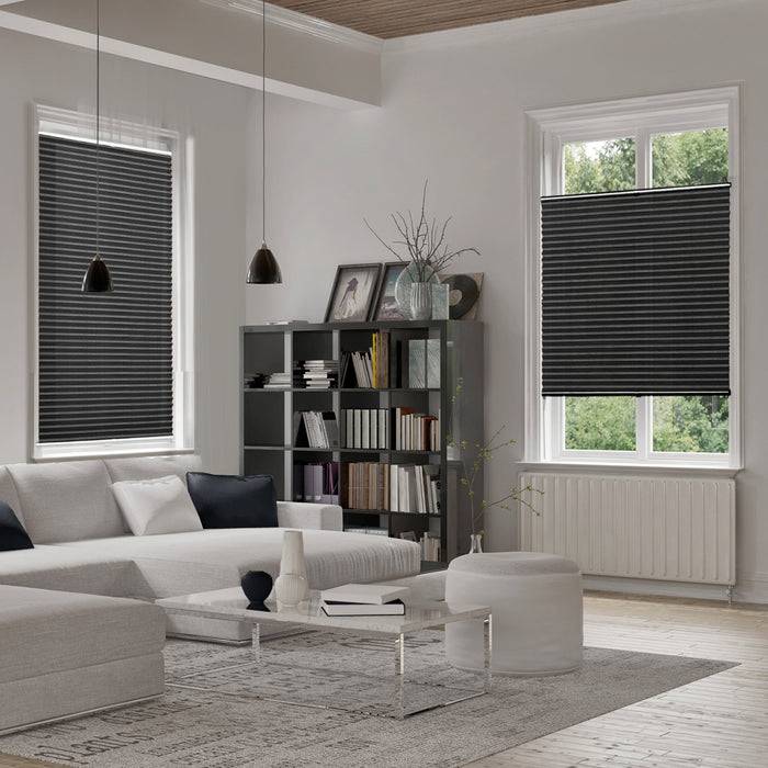 FLOORDIREKT Faltrollo Magic Mini - Lichtdurchlässig & Blickdicht - Befestigung ohne Schrauben möglich - Schwarz - 110 x 100 cm