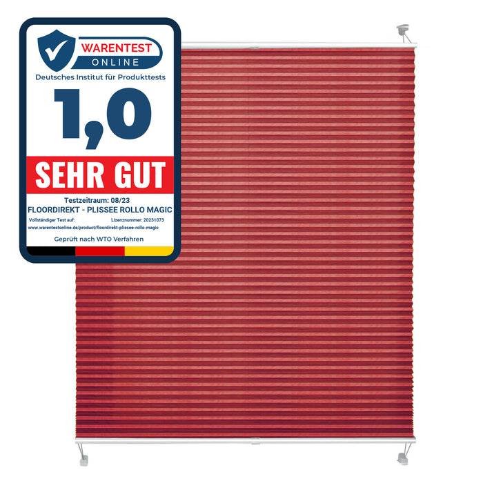 FLOORDIREKT Faltrollo Magic Mini - Lichtdurchlässig & Blickdicht - Befestigung ohne Schrauben möglich - Dunkelrot - 110 x 100 cm