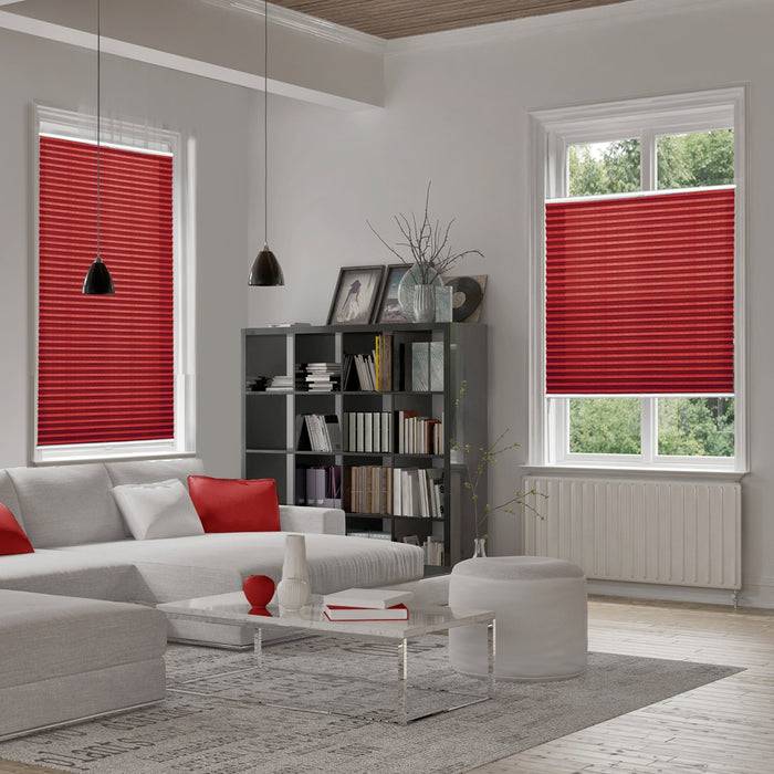 FLOORDIREKT Faltrollo Magic Mini - Lichtdurchlässig & Blickdicht - Befestigung ohne Schrauben möglich - Dunkelrot - 110 x 100 cm