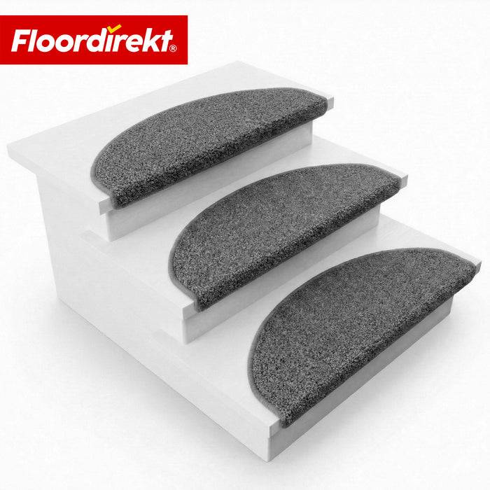 FLOORDIREKT Stufenmatte Madrid - Halbrunde Shaggy Stufenmatte - Selbstklebend & Schalldämmend - 65 x 23,5 cm - Grau