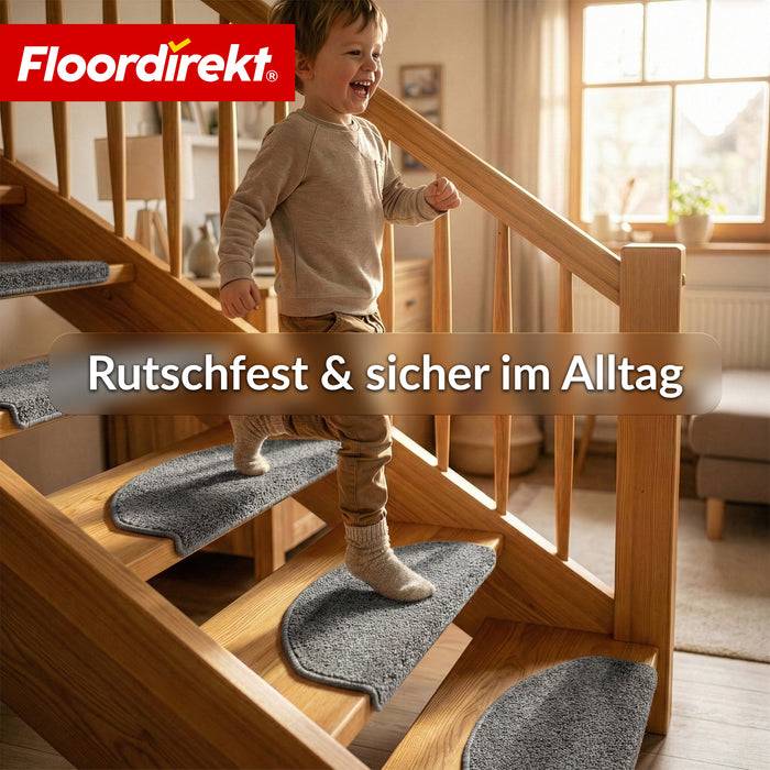 FLOORDIREKT Stufenmatte Madrid - Halbrunde Shaggy Stufenmatte - Selbstklebend & Schalldämmend - 65 x 23,5 cm - Grau