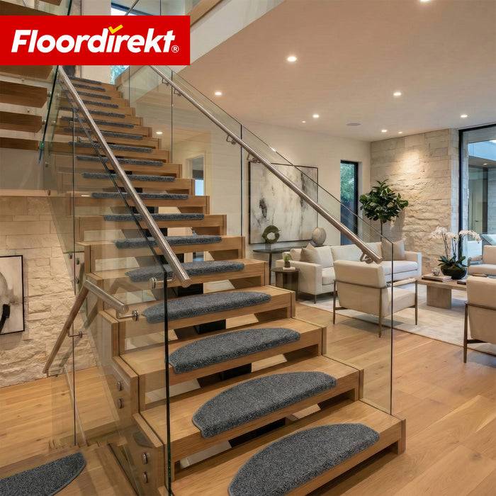 FLOORDIREKT Stufenmatte Madrid - Halbrunde Shaggy Stufenmatte - Selbstklebend & Schalldämmend - 65 x 23,5 cm - Grau