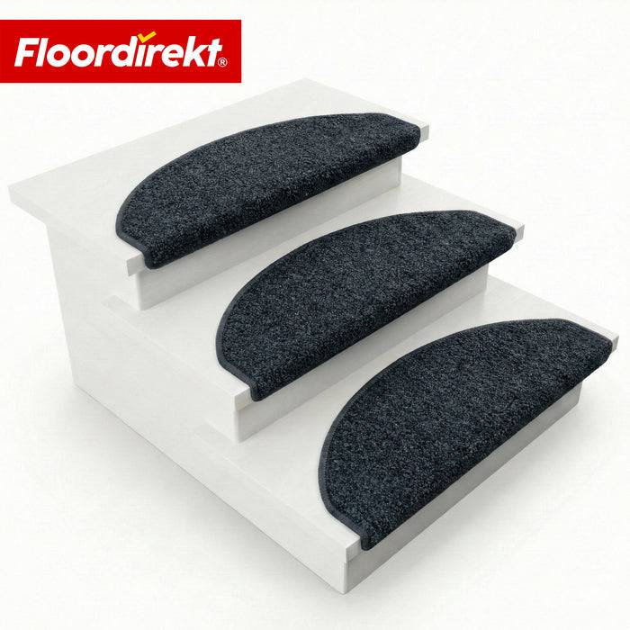 FLOORDIREKT Stufenmatte Madrid - Halbrunde Shaggy Stufenmatte - Selbstklebend & Schalldämmend - 65 x 23,5 cm - Schwarz