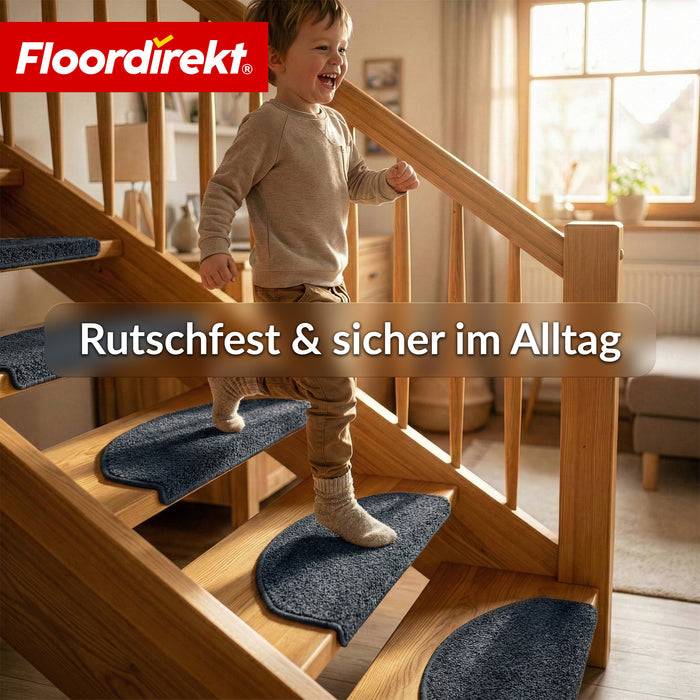 FLOORDIREKT Stufenmatte Madrid - Halbrunde Shaggy Stufenmatte - Selbstklebend & Schalldämmend - 65 x 23,5 cm - Schwarz