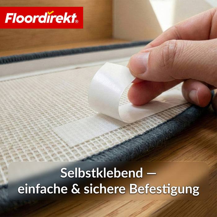 FLOORDIREKT Stufenmatte Madrid - Halbrunde Shaggy Stufenmatte - Selbstklebend & Schalldämmend - 65 x 23,5 cm - Schwarz