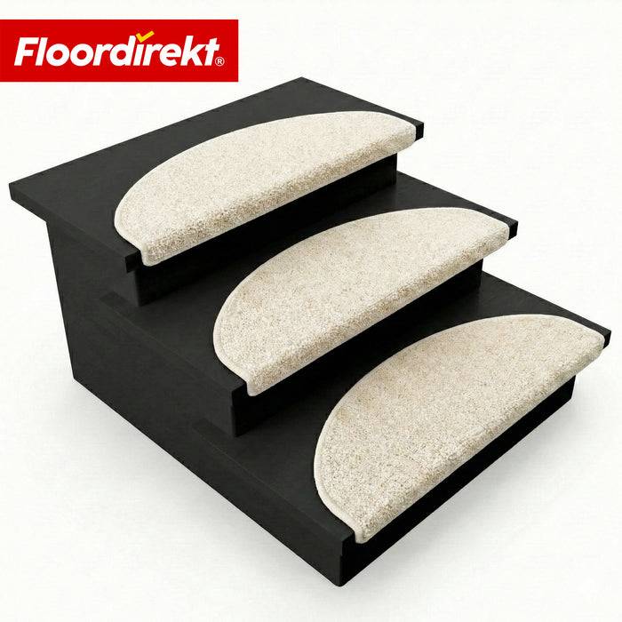 FLOORDIREKT Stufenmatte Madrid - Halbrunde Shaggy Stufenmatte - Selbstklebend & Schalldämmend - 65 x 23,5 cm - Creme