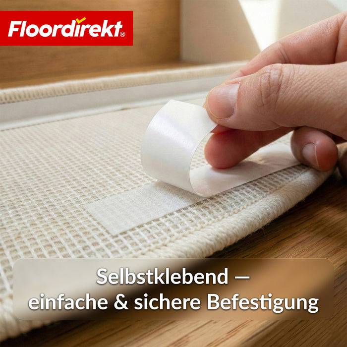 FLOORDIREKT Stufenmatte Madrid - Halbrunde Shaggy Stufenmatte - Selbstklebend & Schalldämmend - 65 x 23,5 cm - Creme