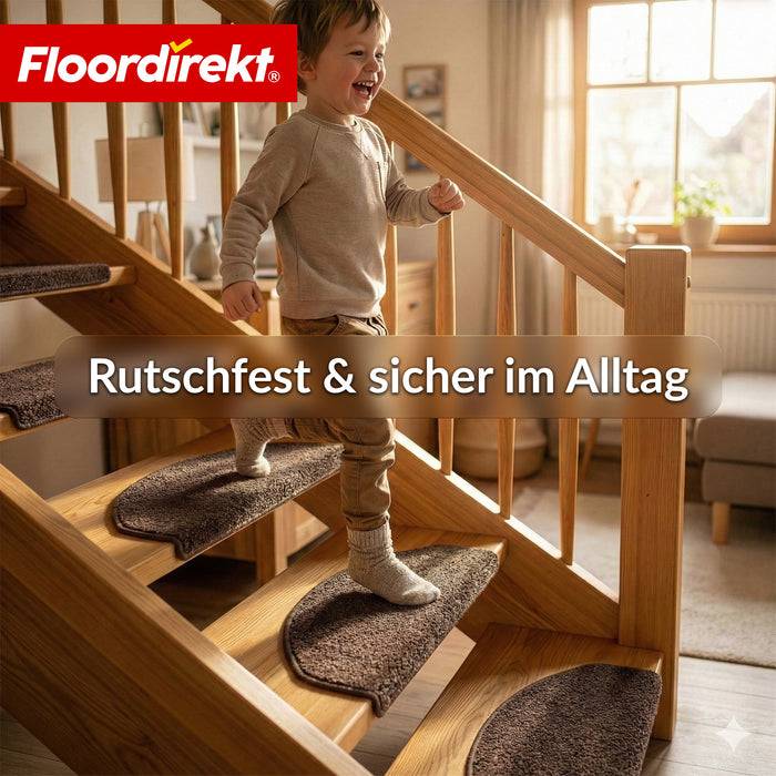 FLOORDIREKT Stufenmatte Madrid - Halbrunde Shaggy Stufenmatte - Selbstklebend & Schalldämmend - 65 x 23,5 cm - Dunkelbraun