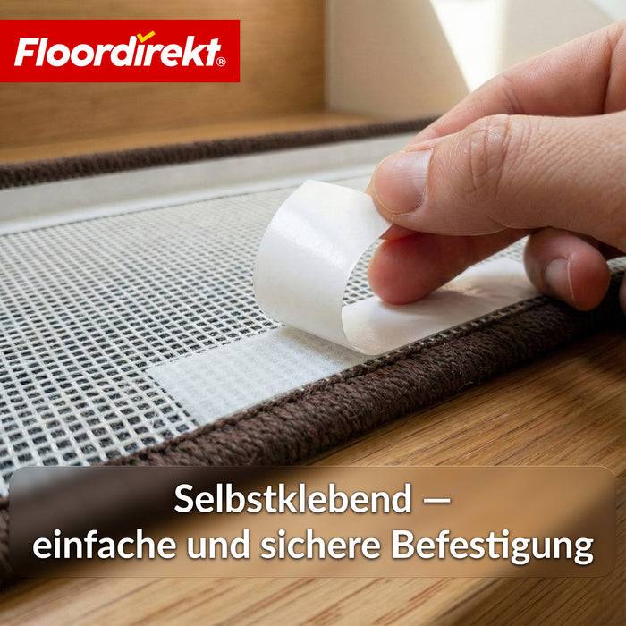 FLOORDIREKT Stufenmatte Madrid - Halbrunde Shaggy Stufenmatte - Selbstklebend & Schalldämmend - 65 x 23,5 cm - Dunkelbraun