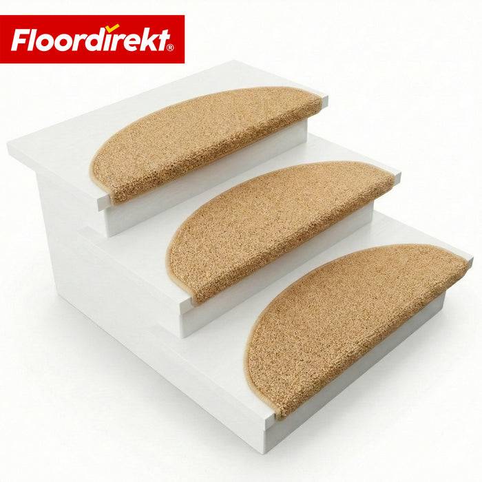 FLOORDIREKT Stufenmatte Madrid - Halbrunde Shaggy Stufenmatte - Selbstklebend & Schalldämmend - 65 x 23,5 cm - Beige