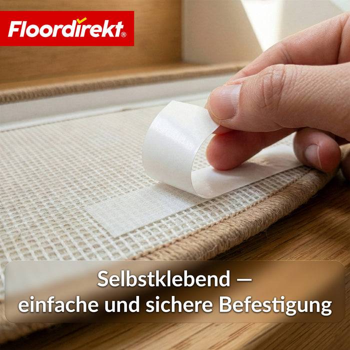 FLOORDIREKT Stufenmatte Madrid - Halbrunde Shaggy Stufenmatte - Selbstklebend & Schalldämmend - 65 x 23,5 cm - Beige