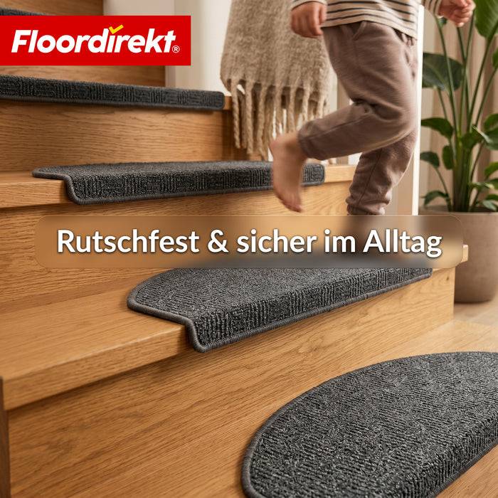 FLOORDIREKT Stufenmatte Monaco - Halbrunde Stufenmatte - Selbstklebend & Schalldämmend - Anthrazit - 65 x 23,5 cm