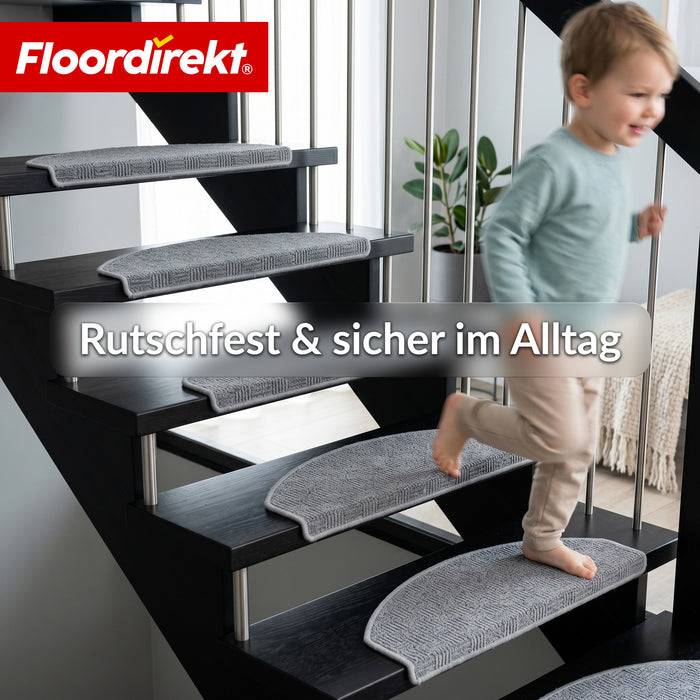 FLOORDIREKT Stufenmatte Monaco - Halbrunde Stufenmatte - Selbstklebend & Schalldämmend - Grau - 65 x 23,5 cm - 15er Set