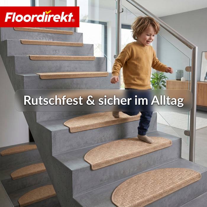 FLOORDIREKT Stufenmatte Monaco - Halbrunde Stufenmatte - Selbstklebend & Schalldämmend - Beige - 65 x 23,5 cm