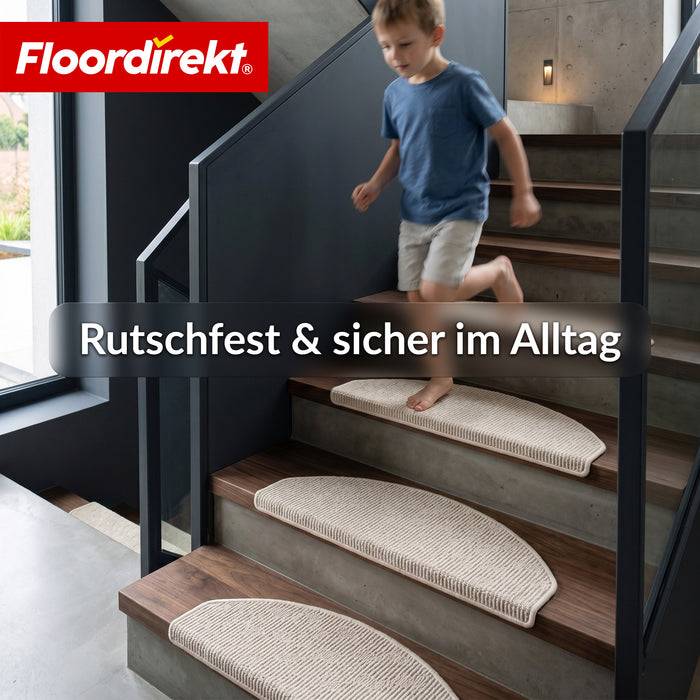 FLOORDIREKT Stufenmatte Monaco - Halbrunde Stufenmatte - Selbstklebend & Schalldämmend - Creme - 65 x 23,5 cm