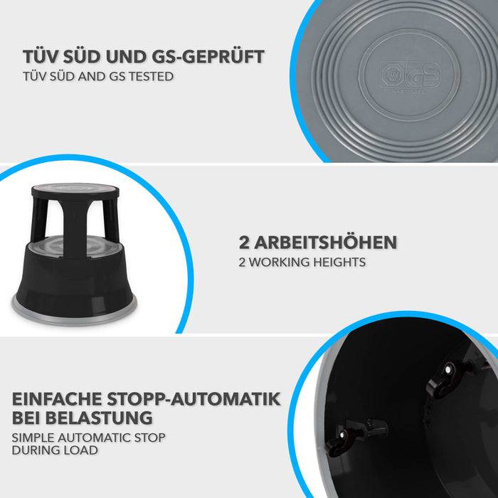 FLOORDIREKT Rollhocker - Hocker für Büro oder Gewerbe - TÜV & GS geprüft - Schwarz