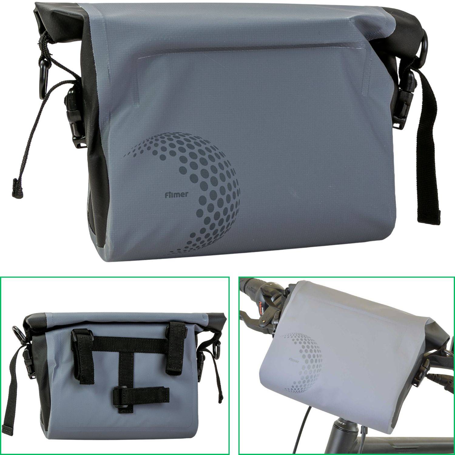 Graue wasserdichte Lenkertasche mit schwarzen Riemen, gezeigt geschlossen und auf einem Fahrrad montiert, plus Vorder- und Rückansichten.