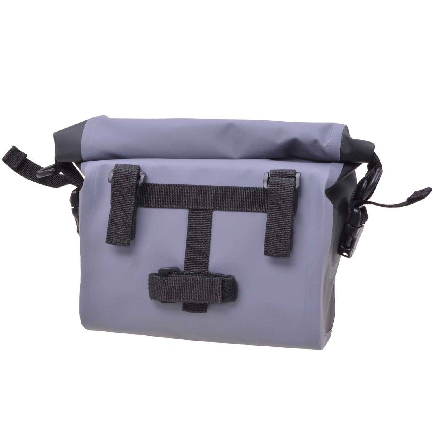Graue Rolltop-Wasserdichttasche mit schwarzen Riemen und Schnallen, auf weißem Hintergrund gezeigt.