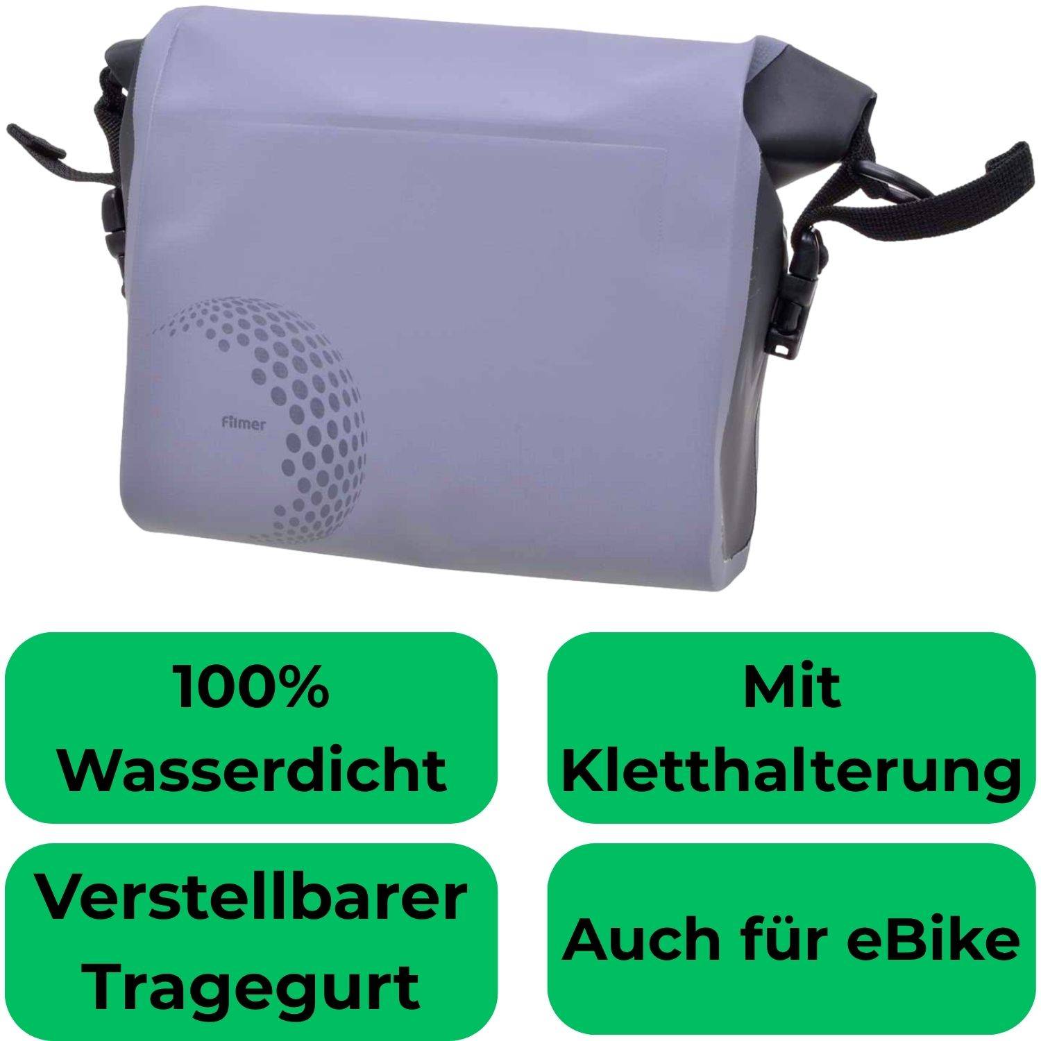 Graue wasserdichte Fahrradtasche mit Schultergurt; Text hebt 100% wasserdicht, Klettverschluss, verstellbarer Trageband und E-Bike-Kompatibilität hervor.